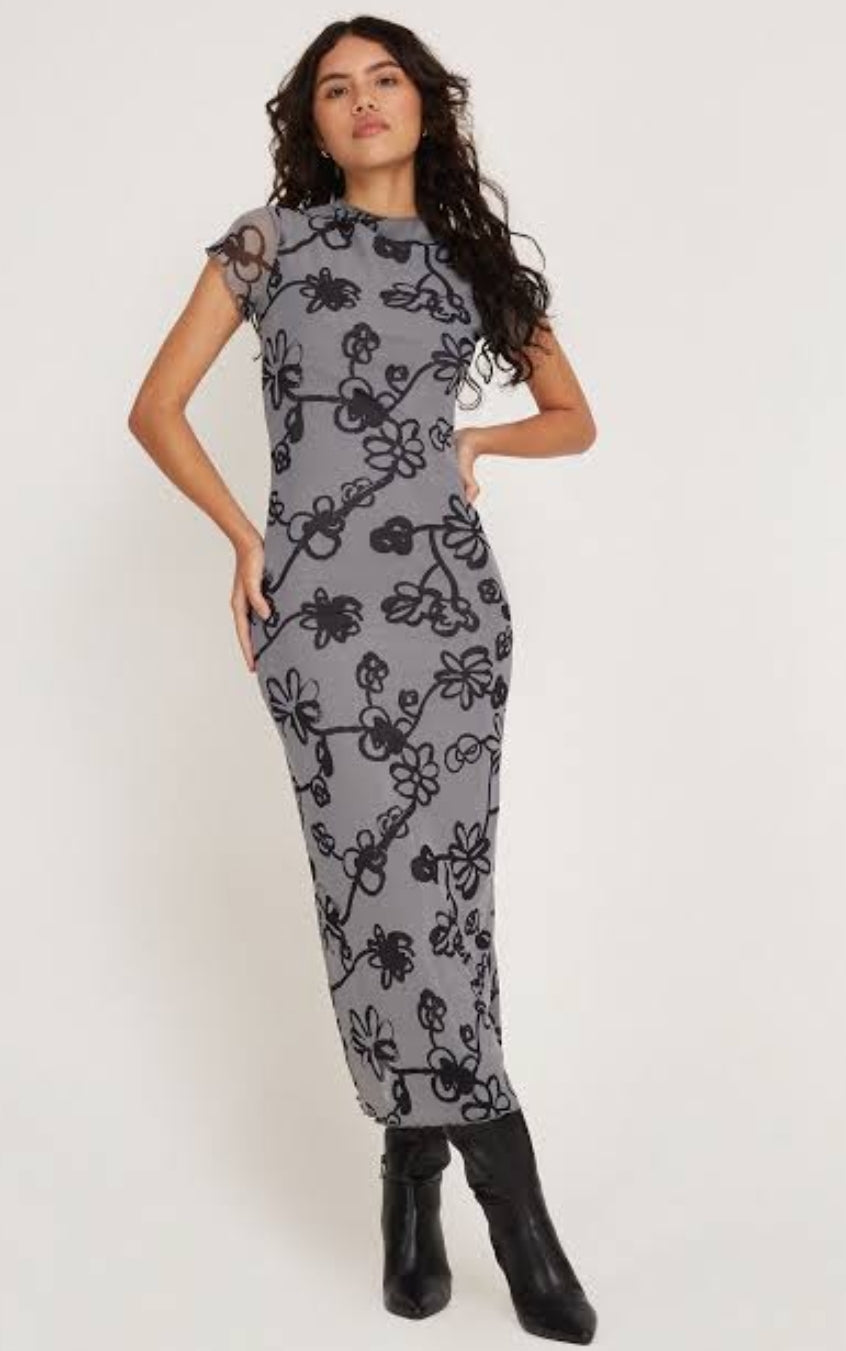 Motel Mesh Doodle Flower Midi Dress