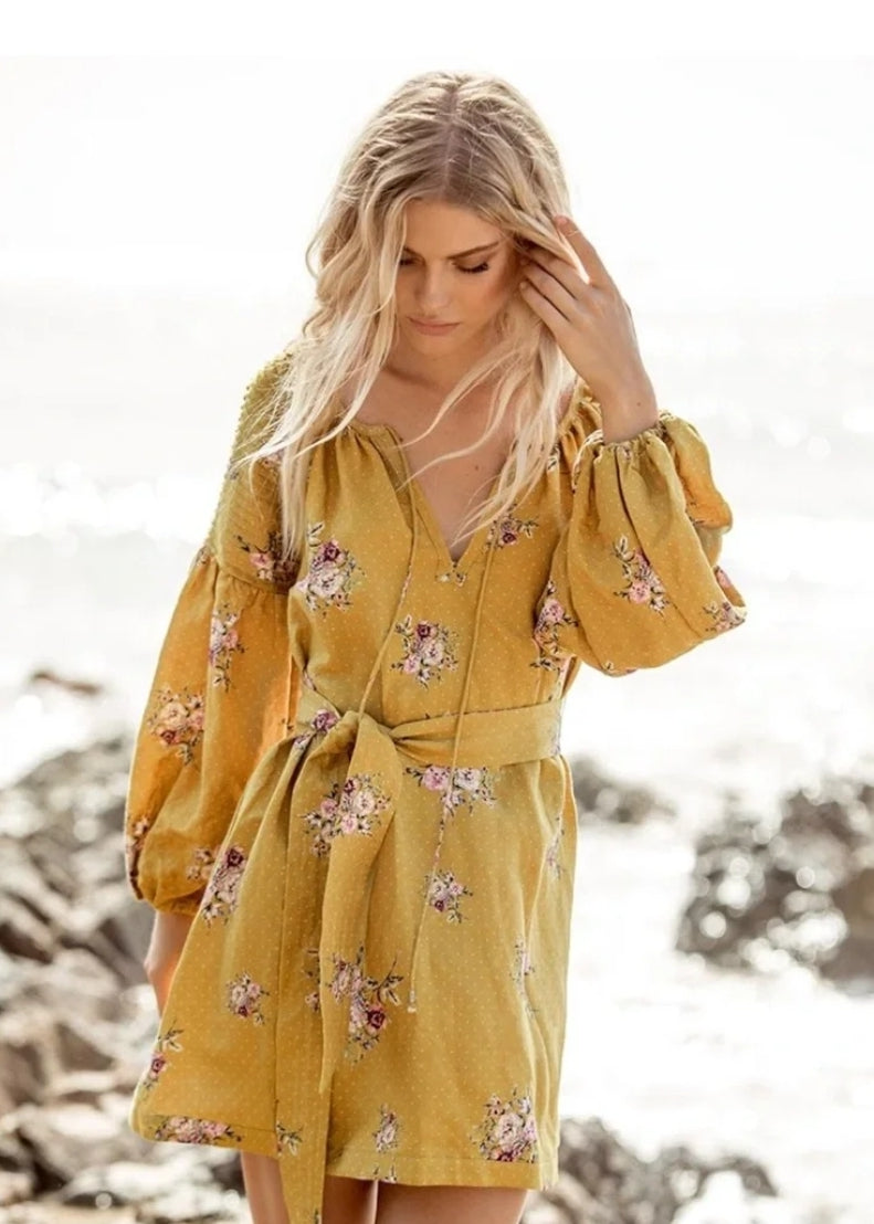 Steele Bellflower Smock Floral Yellow Dress (L)
