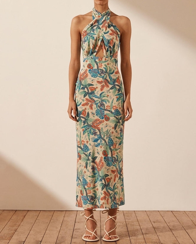 Shona Joy Malia Cross Front Halter Bias Midi Dress