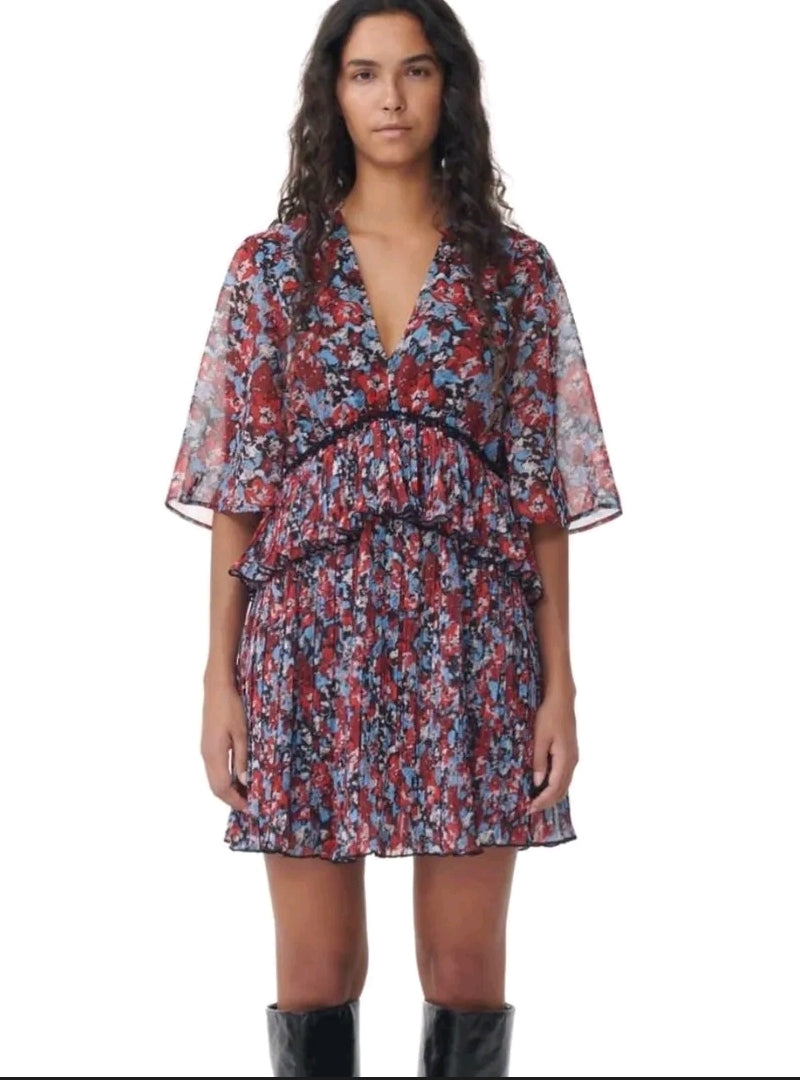 Ganni Pleated Georgette Mini Dress